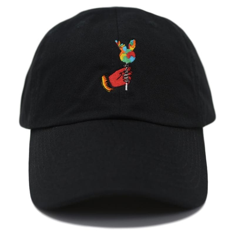 front view demon hand holding lollipop hat