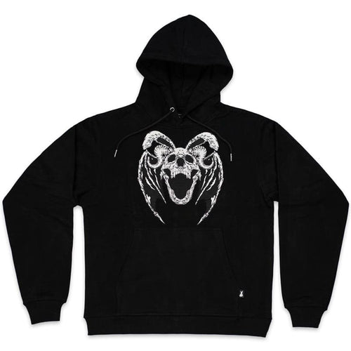 black hoodie with black and white embroidered design of rabbit skull bat demon