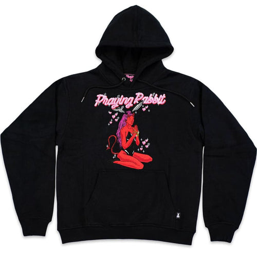 black hoodie with an embroidered praying demon girl design with pink text that reads praying rabbit