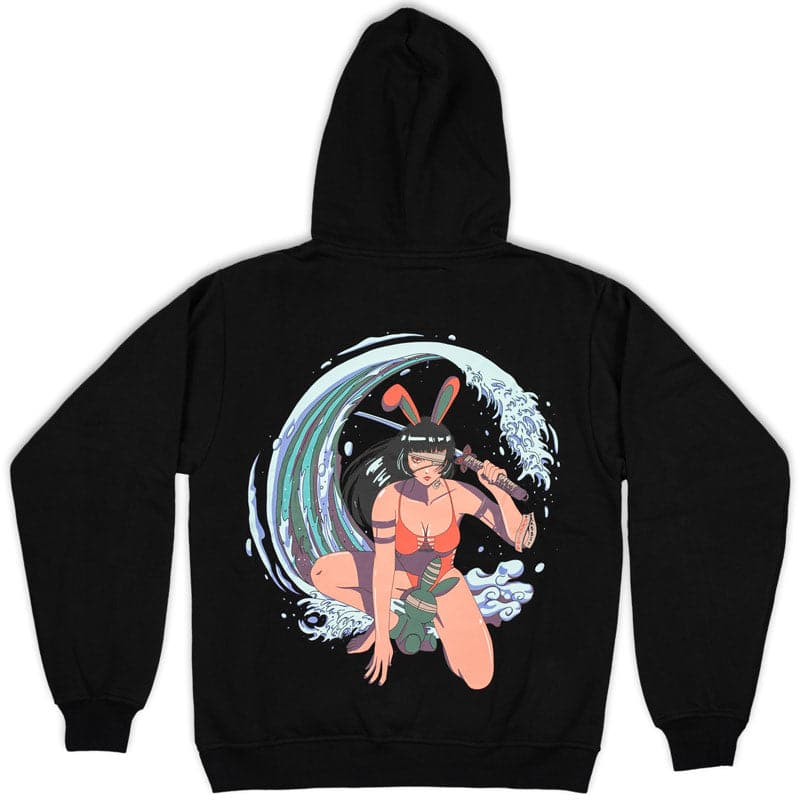 back view of black hoodie with screen printed design of female character emiko wearing a one piece bathing suit. she is holding a sword and has bunny ears and an eye patch. there is a blue wave behind her