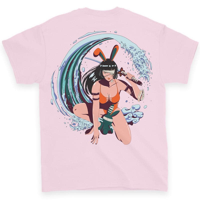 back view of pink graphic shirt that shows a bunny girl in swimsuit. she is holding a sword and there are blue waves behind her