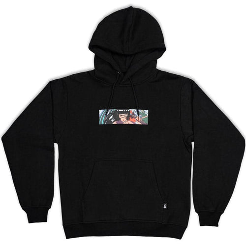 black hoodie with rectangle design on the front that shows green rabbit and emiko