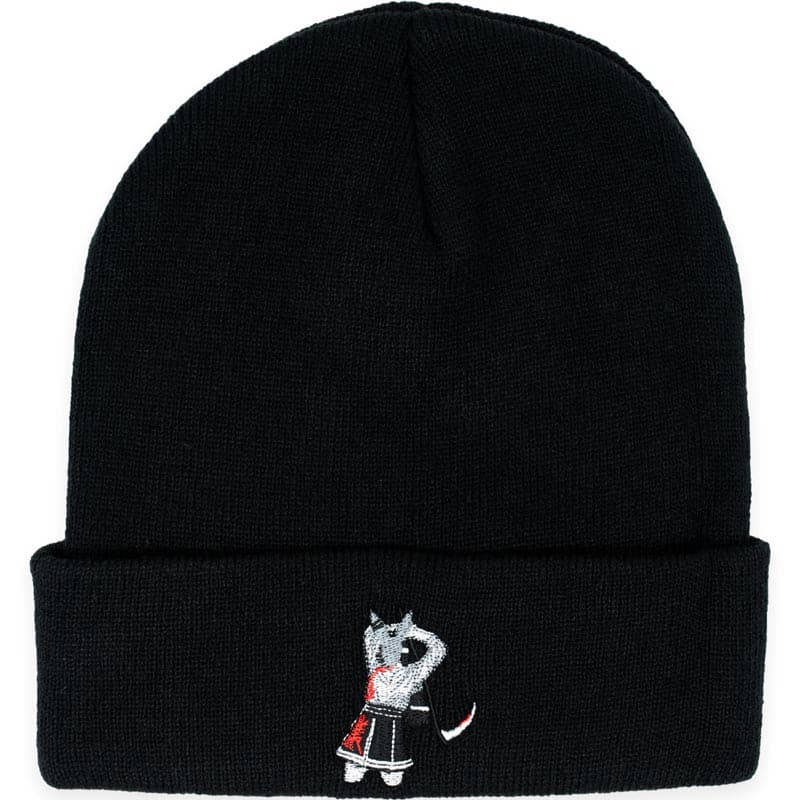 black beanie with embroidered design of school girl wearing bunny mask and holding scythe