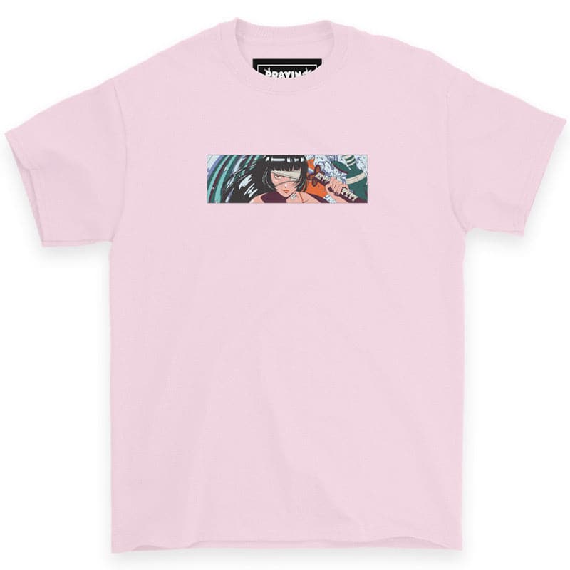 front view of pink graphic shirt. it shows a small rectangle design of the bunny girl holding a sword
