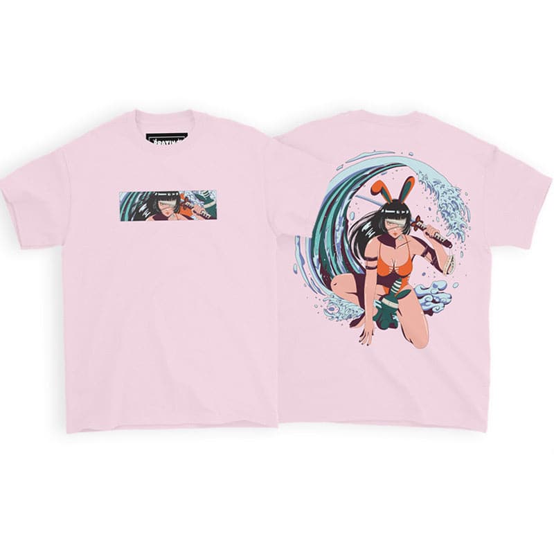 front and back view of pink shirt that shows bunny girl holding a sword