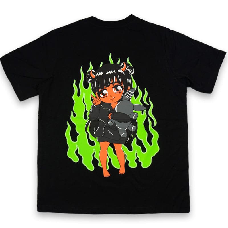 back view of black graphic shirt showing red demon chibi girl holding a gray bunny