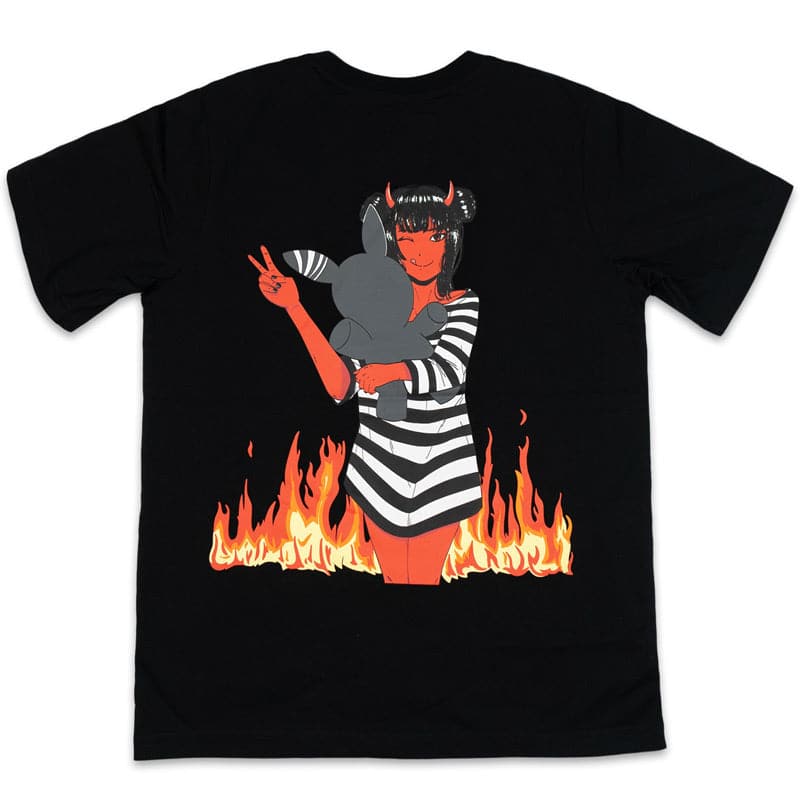 back view of black shirt with large screen printed design of red demon girl wearing black and white dress holding a gray bunny rabbit in one arm and shes winking