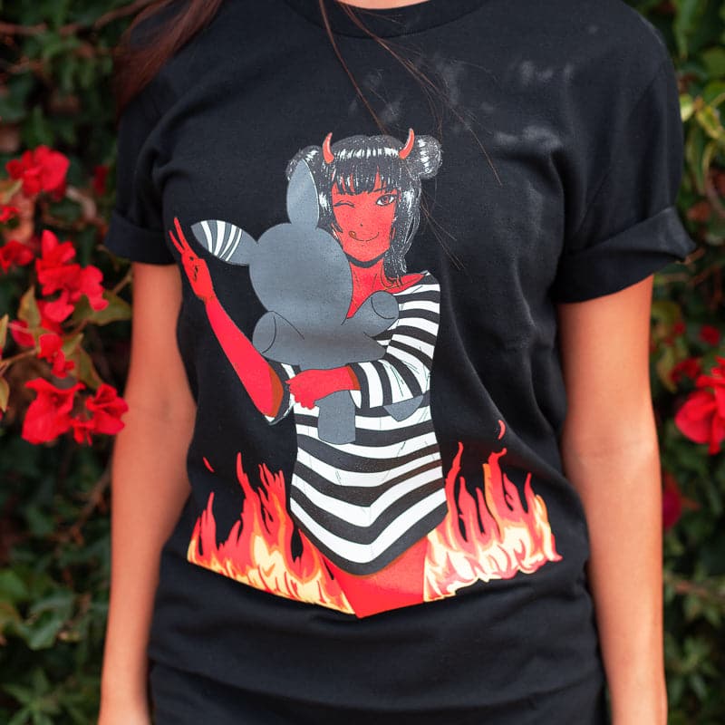 red anime demon girl holding a rabbit doll on a black shirt
