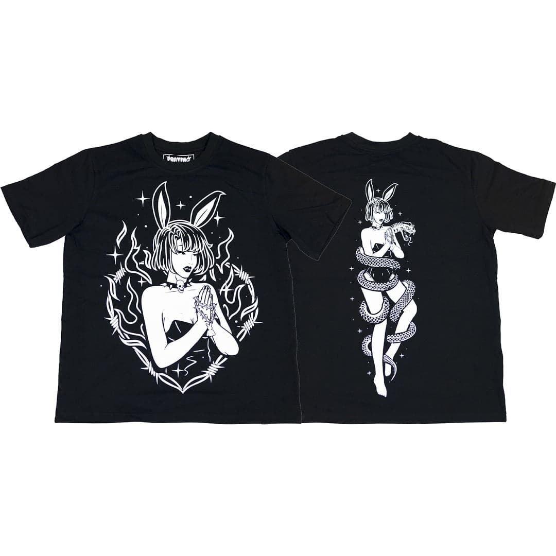 black t-shirt with front and back print of a black and white design. the design shows a praying bunny girl in the front with a barb wire heart. and on the back shows the same bunny girl praying with a snake wrapped around her