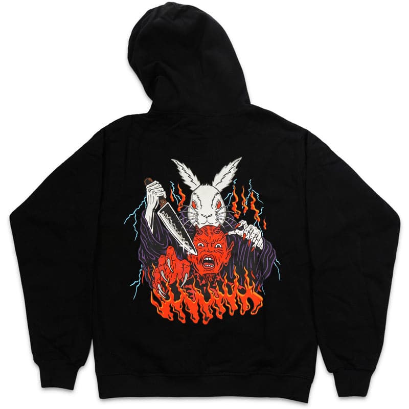 back view of black hoodie that shows a white evil rabbit with purple robes holding out a knife with a demon screaming in front of him