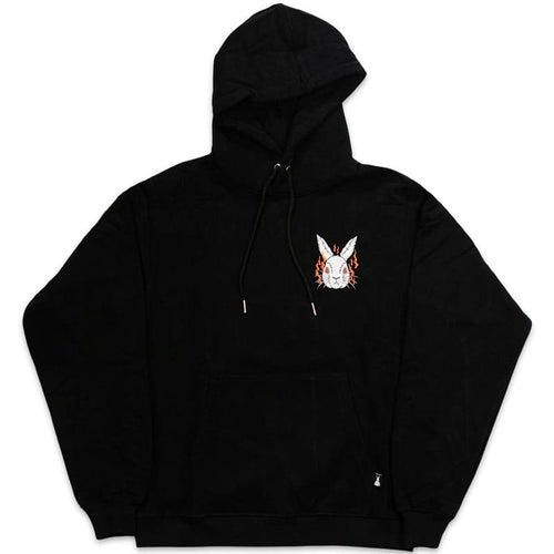 black hoodie with small printed white rabbit design and flames on the left chest