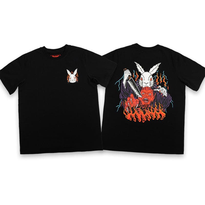 front and back view of black shirt with screen printed face your demon design