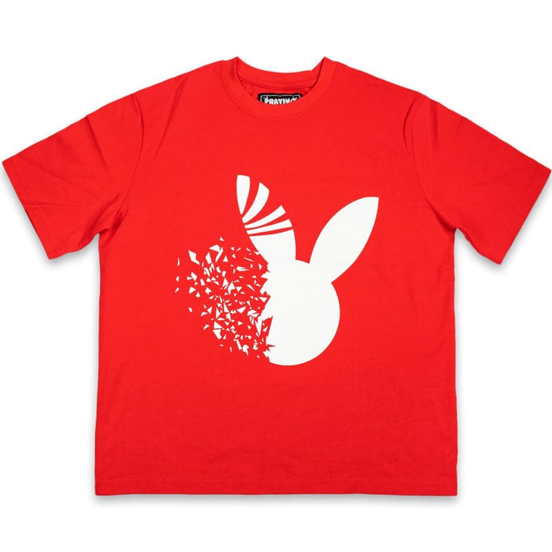 red shirt with a white rabbit logo fading away. the logo appears shattered.