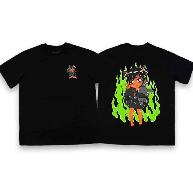 front and back view of black t shirts of red demon chibi girl holding a rabbit