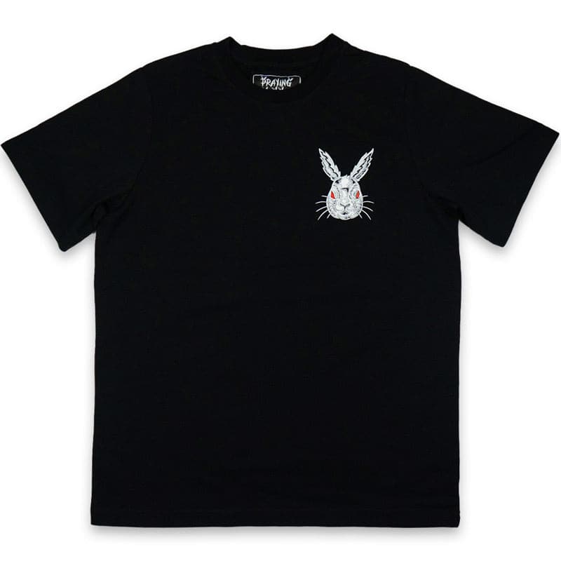 front view of black t shirt of white rabbit printed on left chest