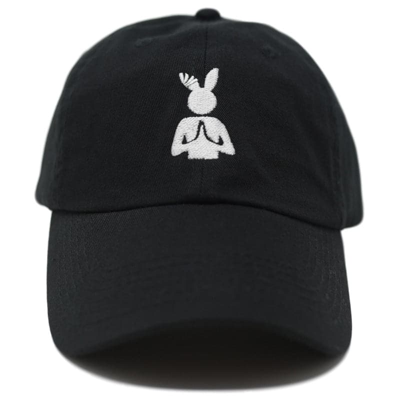 front view of black hat with an embroidered white praying rabbit logo