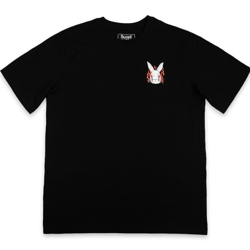 black shirt with a screen printed left chest design. the design shows a matching rabbit head with flames around it.
