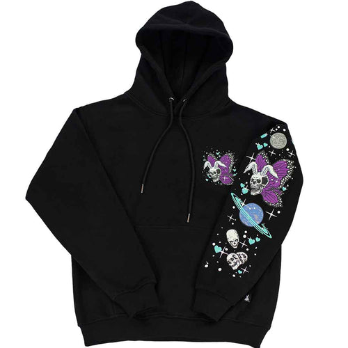 front view of black graphic hoodie that shows a left chest design of a rabbit skull butterfly. the butterfly has purple wings. on the left sleeve is a printed graphic that shows the same rabbit skull butterfly, planets, sparkles, and hearts
