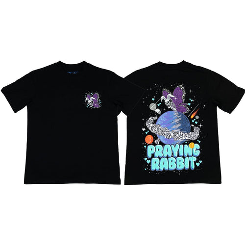 front and back view of praying rabbit graphic t shirt that shows a rabbit skeleton butterfly flying over a large saturn planet with skulls as the rings