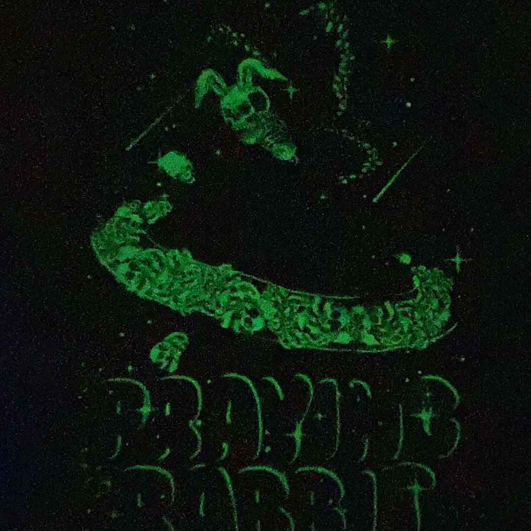 glow in the dark design of the skeleton butterfly rabbit flying over the planet saturn. the glow is green
