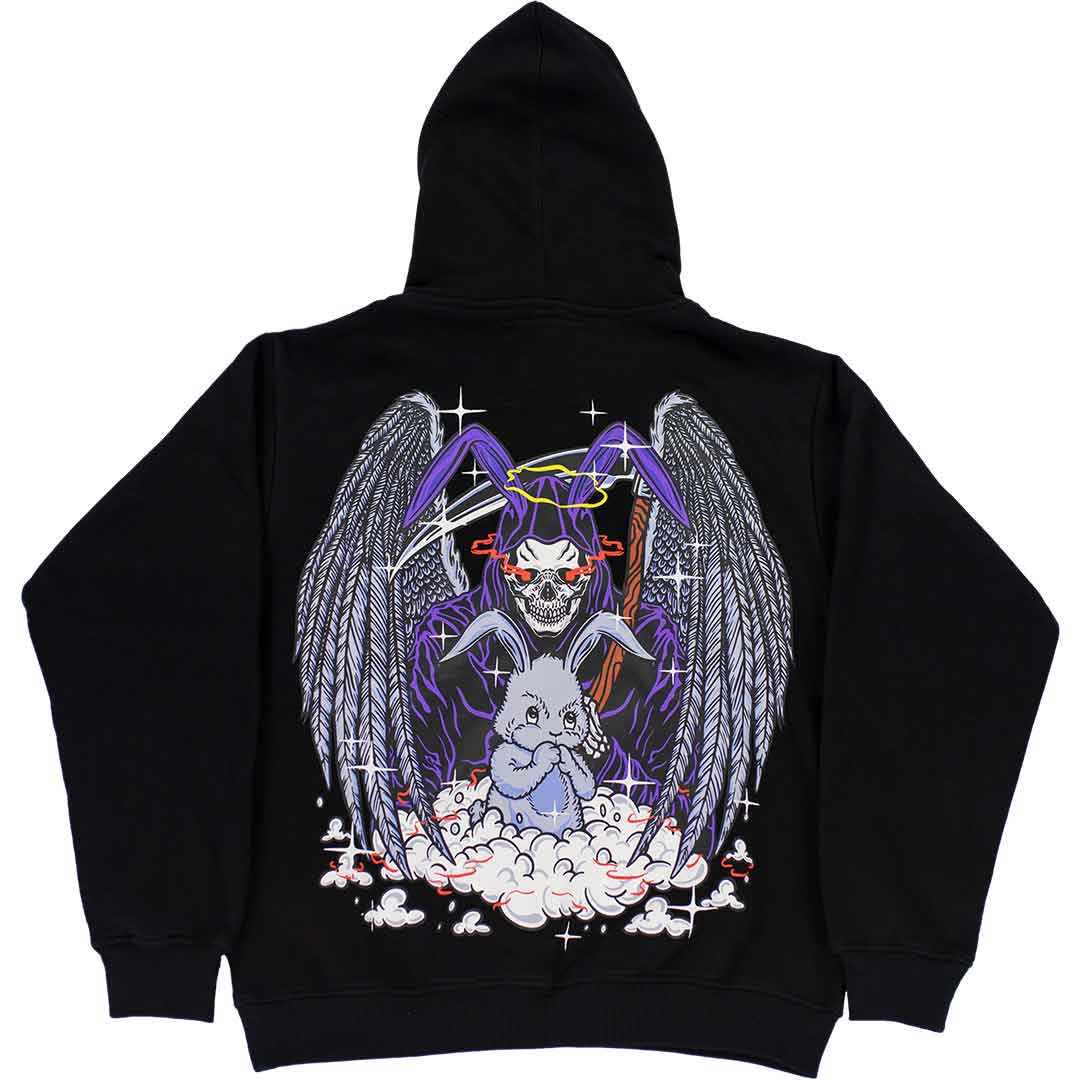back view of black graphic hoodie that shows a praying rabit on a cloud. behind the praying rabbit is a huge skeleton guardian angel with beautiful angel wings. the guardian angel is holding a scythe