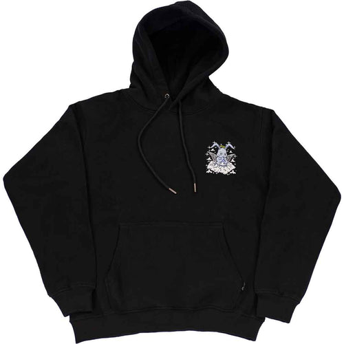 front view of black hoodie with a small left chest design of an angel praying rabbit on a cloud. the praying rabbit is baby blue