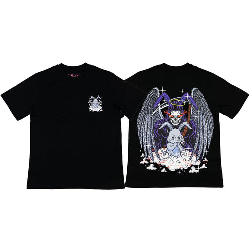 front and back view of black graphic t shirt that shows an angel praying rabbit on the front left chest and a matching design on the back. the design on the back of the shirt features the same praying rabbit on a cloud with a huge skeleton angel behind it holding a scythe