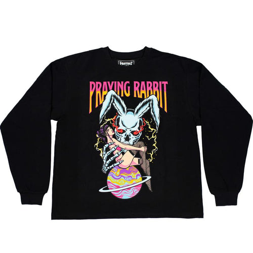 black long sleeve with a printed graphic that shows a large blue rabbit skeleton holding a woman sitting on top of a planet