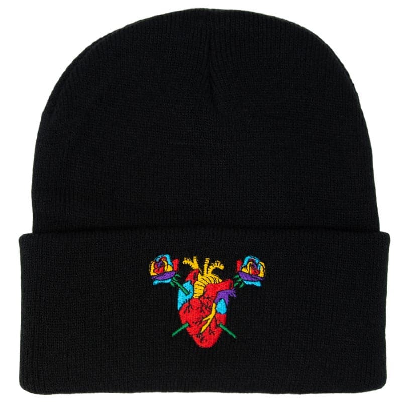 embroidered heart and roses black beanie