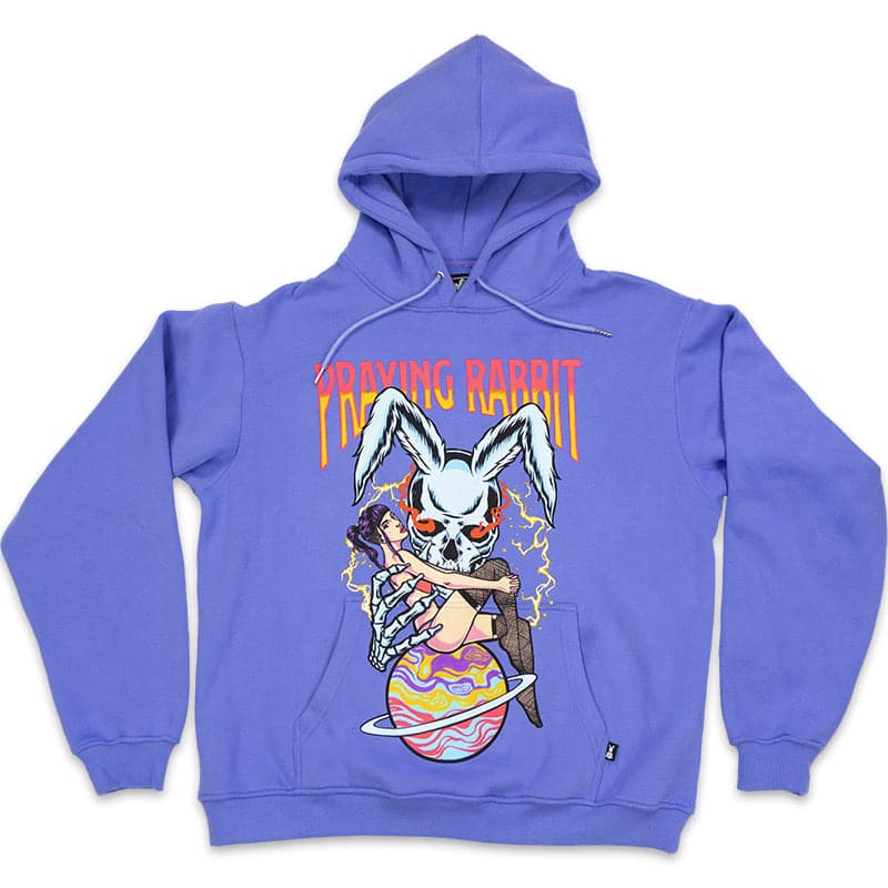 periwinkle hoodie with a large over the pocket screen printed design of a blue rabbit skeleton with red glowing eyes. there is a girl in front of the rabbit sitting on top of the planet saturn