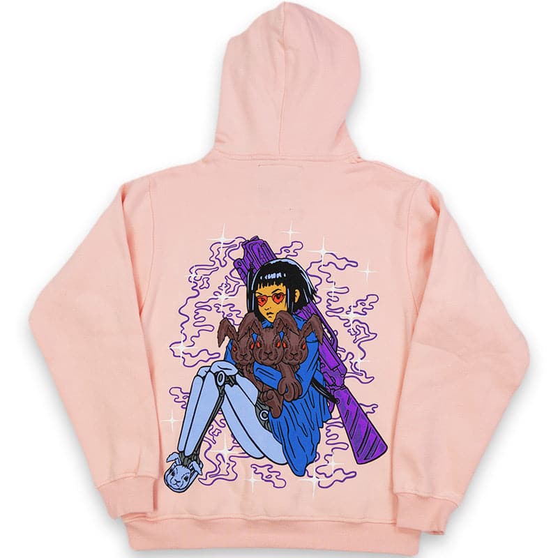 back view of pink hoodie with a printed graphic design of robot girl holding a rabbit and she has a purple shotgun on her back