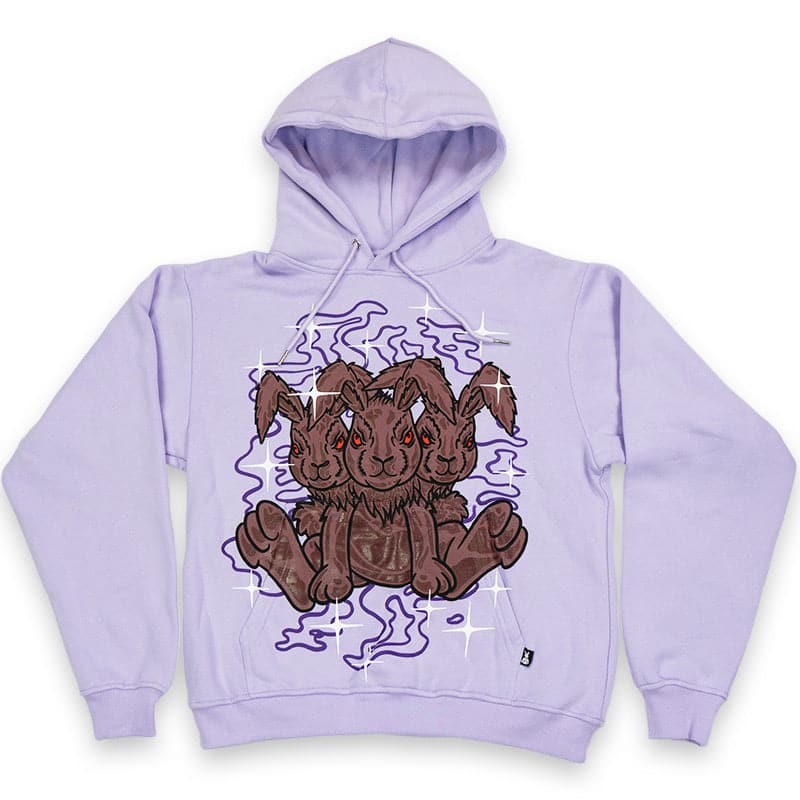 Lavender graphic hoodie with three headed rabbit printed over the pocket