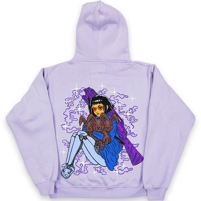 back view of lavender hoodie with a printed graphic design of robot girl holding a rabbit and she has a purple shotgun on her back