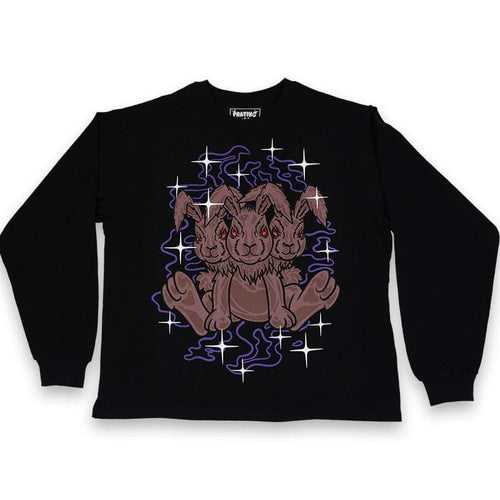 black long sleeve with screen printed design of 3 headed brown rabbit