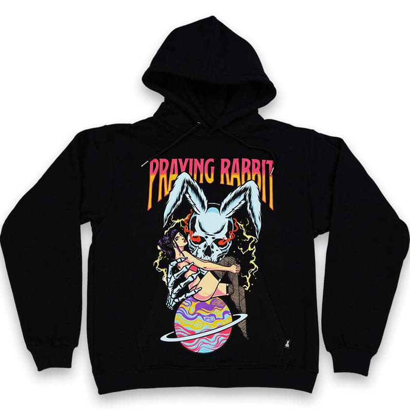Black hoodie with a large over the pocket screen printed design of a blue rabbit skeleton with red glowing eyes. there is a girl in front of the rabbit sitting on top of the planet saturn. the girl has purple hair and fish nets.