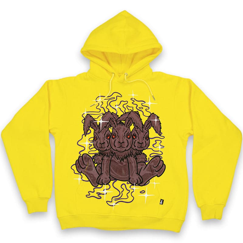 yellow graphic hoodie with three headed rabbit printed over the pocket