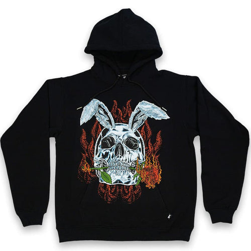 black hoodie of an oversized skull graphic holding a burning rose in its mouth