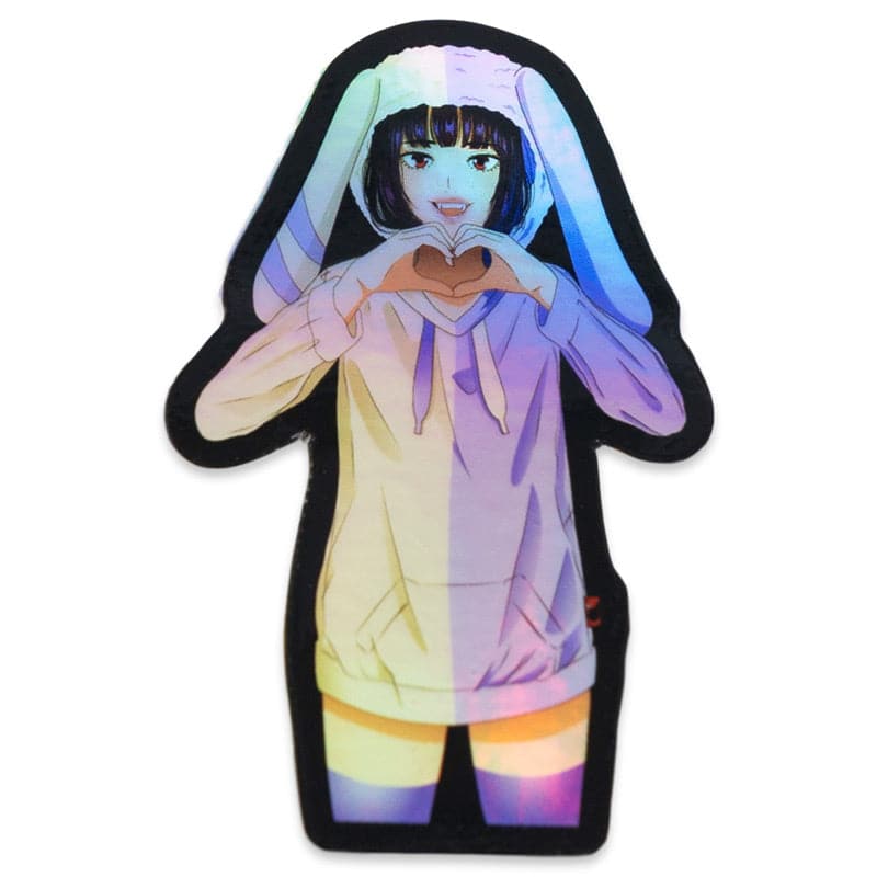 holographic sticker of cute anime girl doing the love hands. she is wearing a bunny ear hoodie