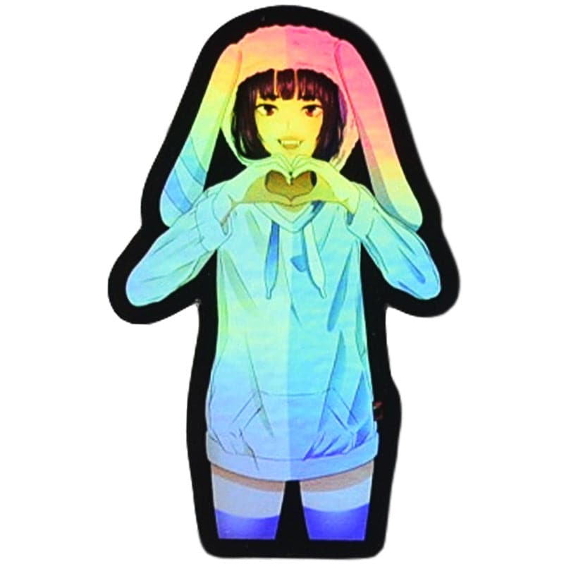 holographic sticker of anime girl wearing bunny hoodie