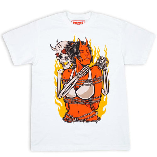 white t-shirt with screen printed design of a demon skeleton holding a demon girl with flames behind them
