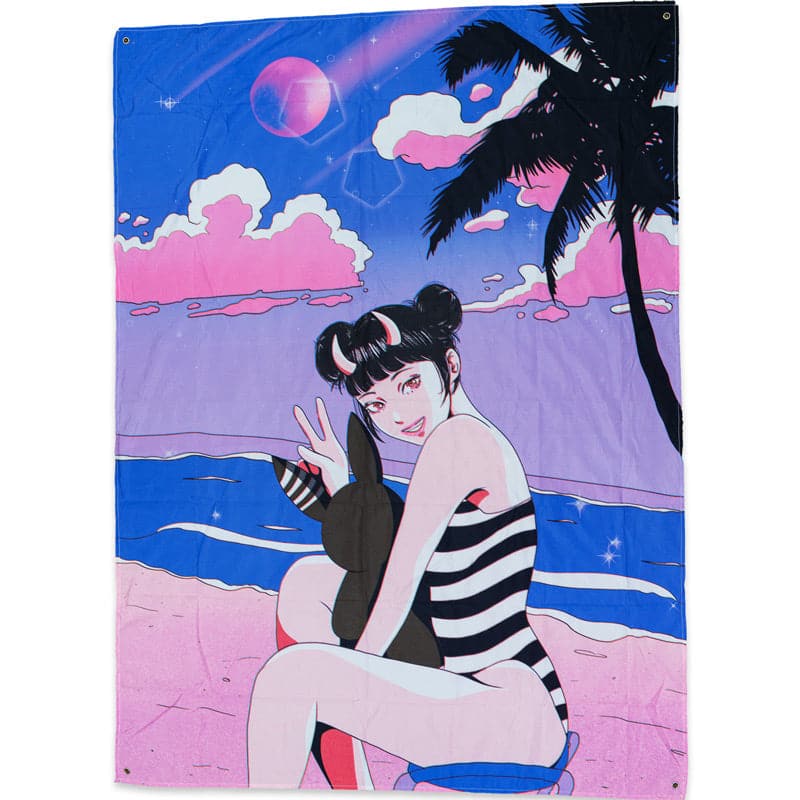 tapestry that shows a demon girl in a black and white striped bathing suit. she is sitting on a chair holding a gray rabbit. behind her is the ocean and pink clouds