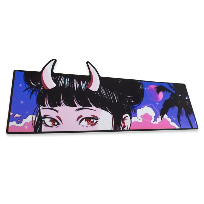 rectangle sticker with demon anime girl on it. the background has pink clouds and purple sky