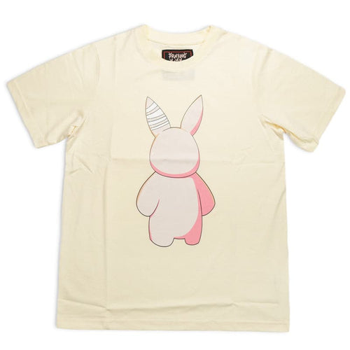 giant pink plush rabbit screen printed on a cream shirt