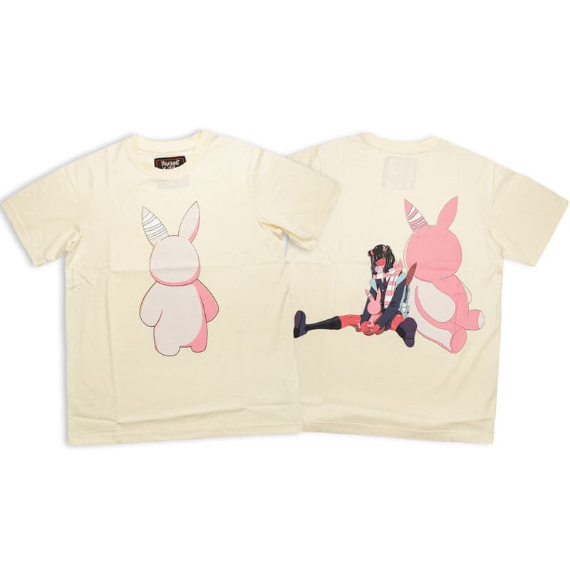 two cream shirts with a giant pink plush rabbit on the front and a red demon girl in a school girl outfit sitting down against the giant plush rabbit