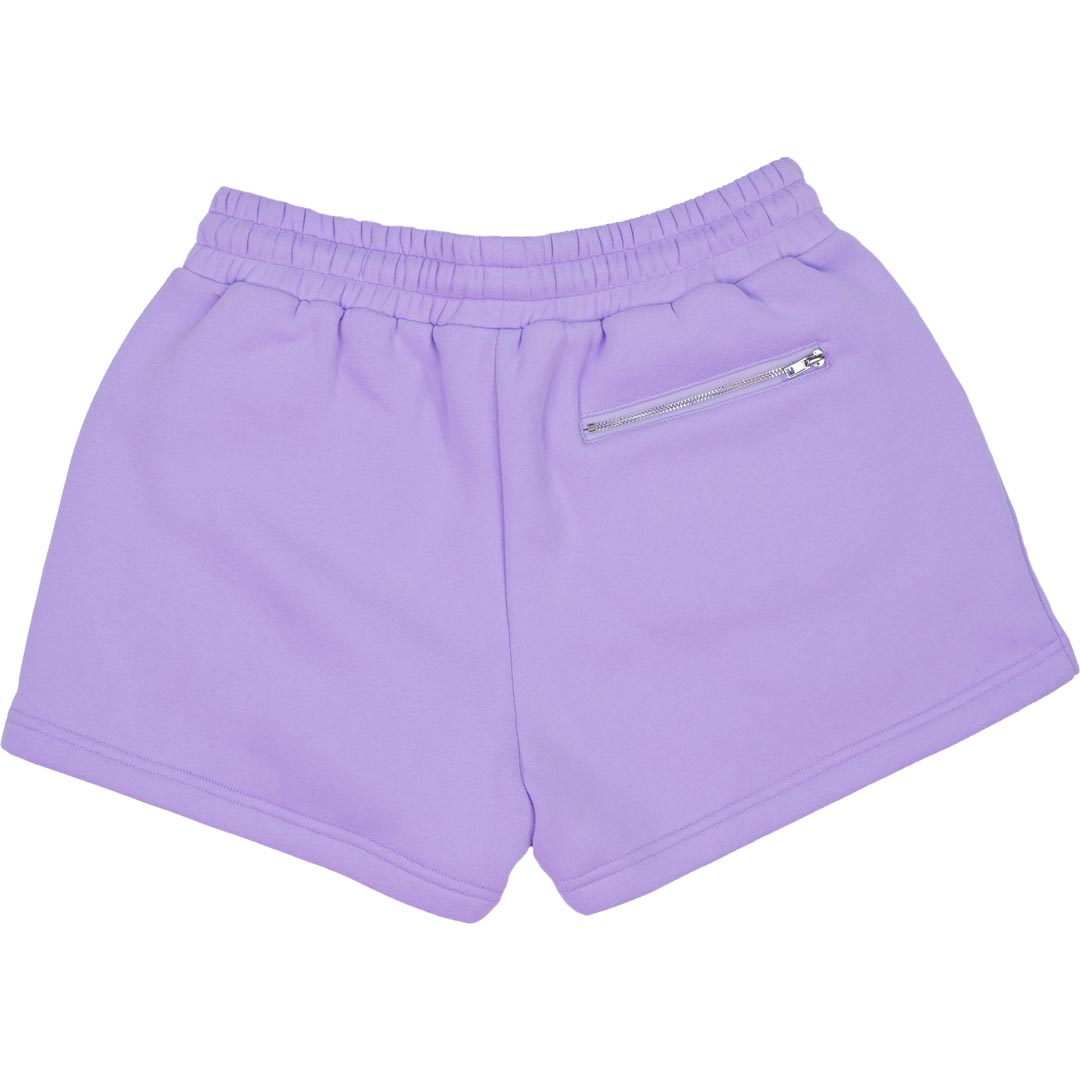 back view of lavender shorts with zipper pocket