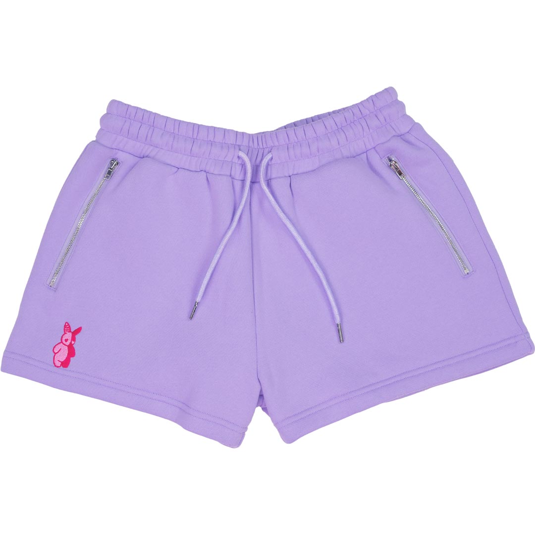 lavender shorts with zipper pockets and pink rabbit embroidered
