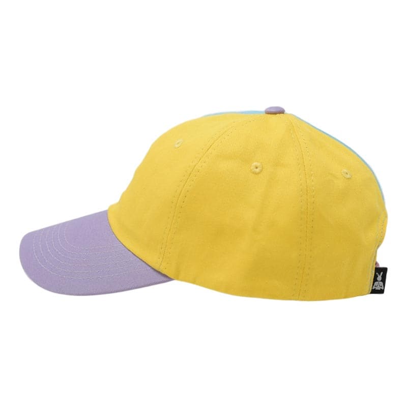side view of hat showing yellow and purple colors with woven label shown