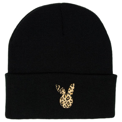 leopard print rabbit embroidered on a black beanie