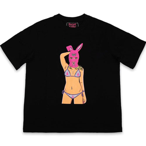 lola screen printed on a black shirt. she has a rabbit ski mask and praying rabbit bikini.