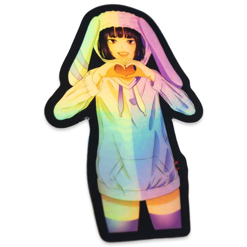 holographic sticker of anime girl wearing lavender and cream bunny ear hoodie